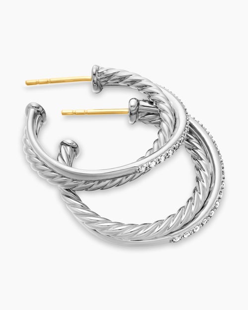Womens Crossover Hoop Earrings in Sterling Silver with Diamonds, 26.5mm
