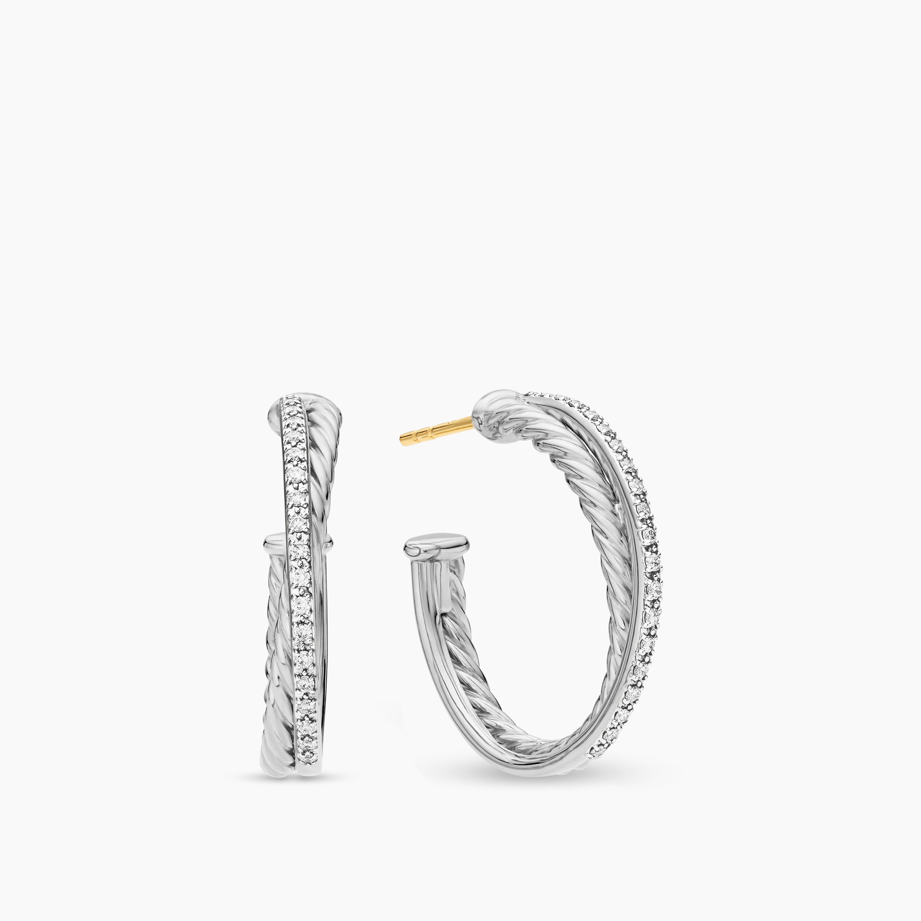 Womens Crossover Hoop Earrings in Sterling Silver with Diamonds, 26.5mm