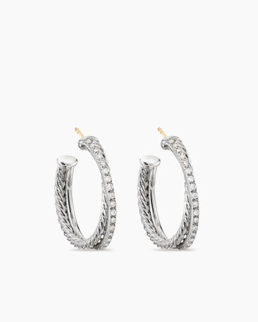 Crossover Hoop Earrings in Sterling Silver with Diamonds, 26.5mm