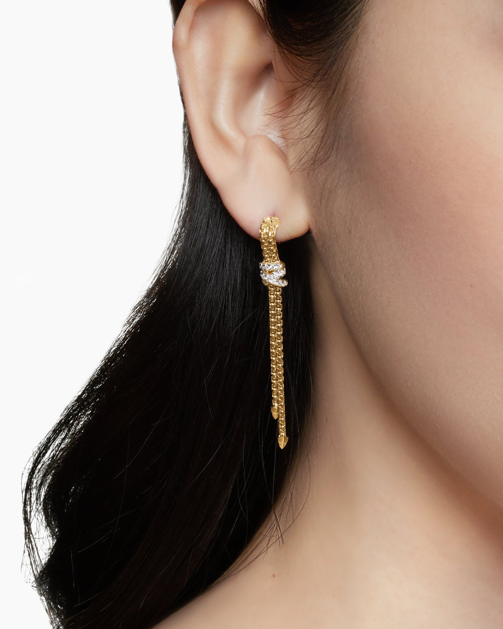 Womens Helena Box Chain Drop Earrings in 18K Yellow Gold with Diamonds, 52.8mm