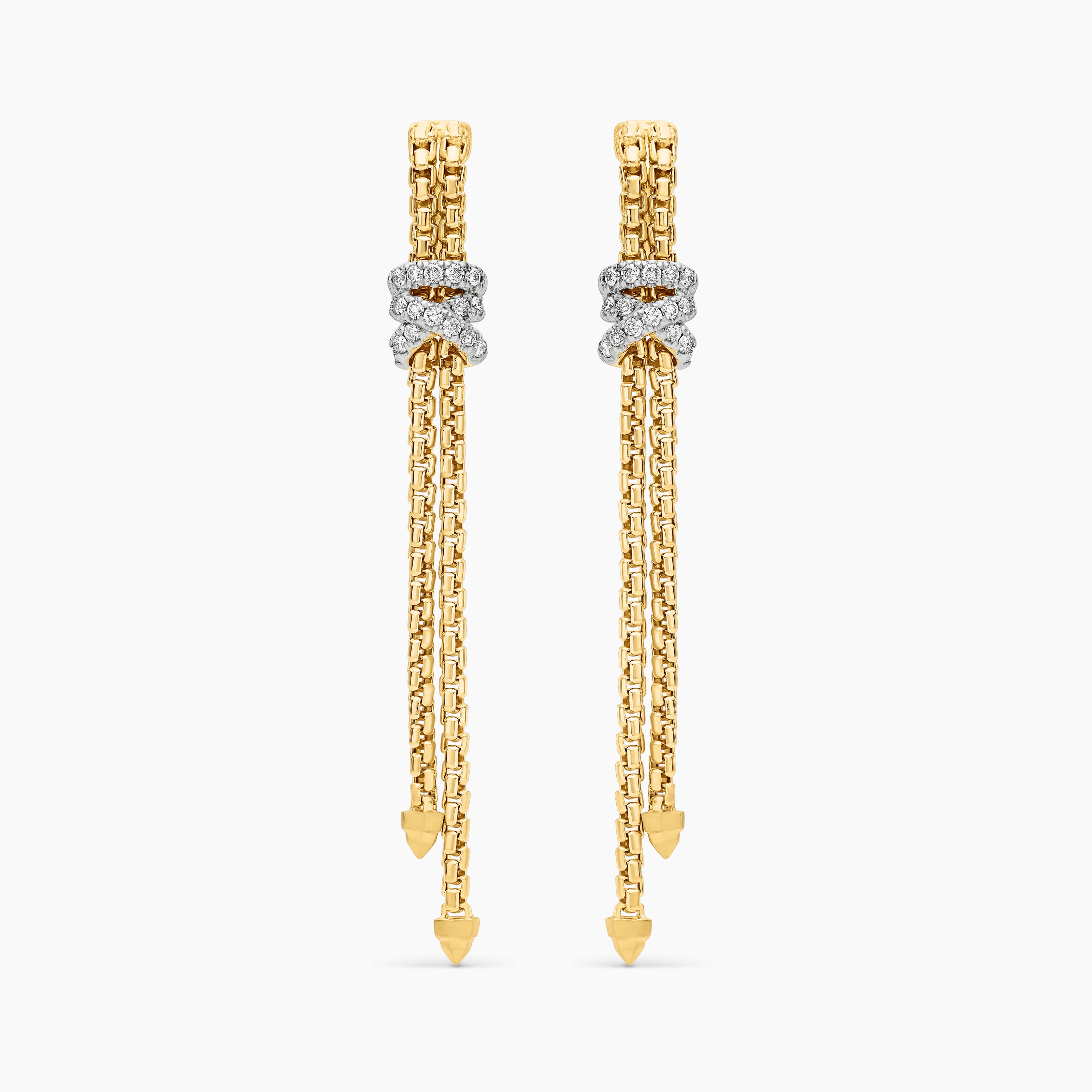 Womens Helena Box Chain Drop Earrings in 18K Yellow Gold with Diamonds, 52.8mm
