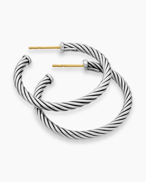 Womens Cable Hoop Earrings in Sterling Silver, 1in