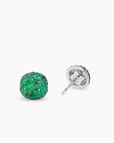Cushion Stud Earrings in 18K White Gold with Pavé Emeralds, 8mm