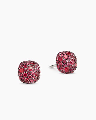 Cushion Stud Earrings in 18K White Gold with Pavé Red Rubies, 8mm