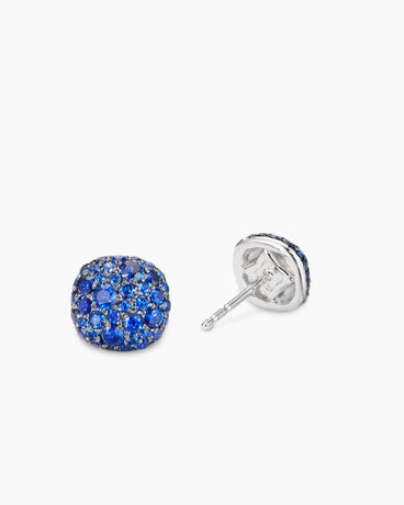 Cushion Stud Earrings in 18K White Gold with Pavé Sapphires, 8mm