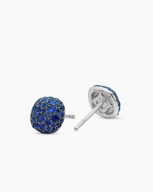 Womens Cushion Stud Earrings in 18K White Gold with Pavé Sapphires, 8mm