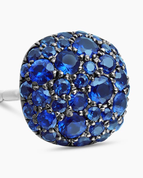 Womens Cushion Stud Earrings in 18K White Gold with Pavé Sapphires, 8mm