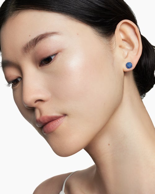 Womens Cushion Stud Earrings in 18K White Gold with Pavé Sapphires, 8mm