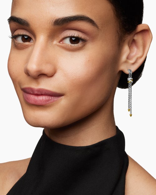 Womens Helena Chain Drop Earrings in Sterling Silver with 18K Yellow Gold and Diamonds, 50.8mm