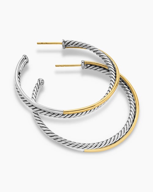 Womens Crossover Hoop Earrings in Sterling Silver with 18K Yellow Gold, 44mm