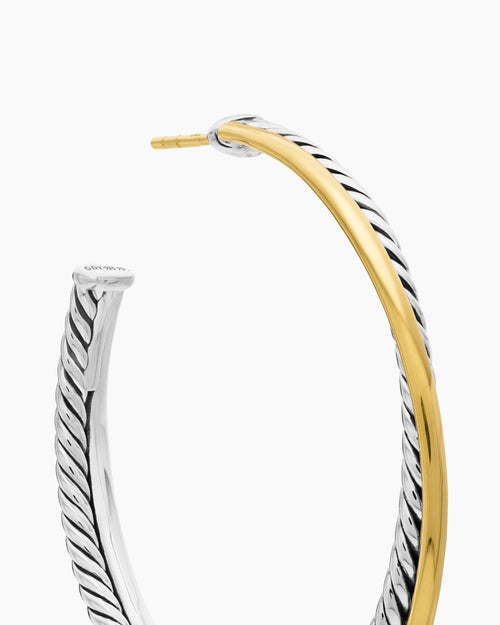 Womens Crossover Hoop Earrings in Sterling Silver with 18K Yellow Gold, 44mm