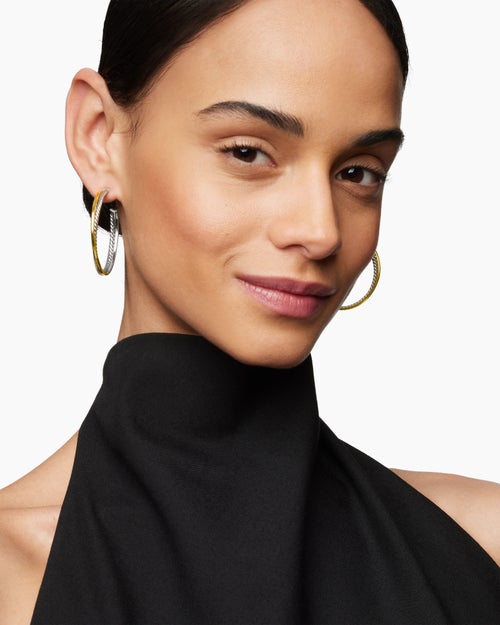 Womens Crossover Hoop Earrings in Sterling Silver with 18K Yellow Gold, 44mm