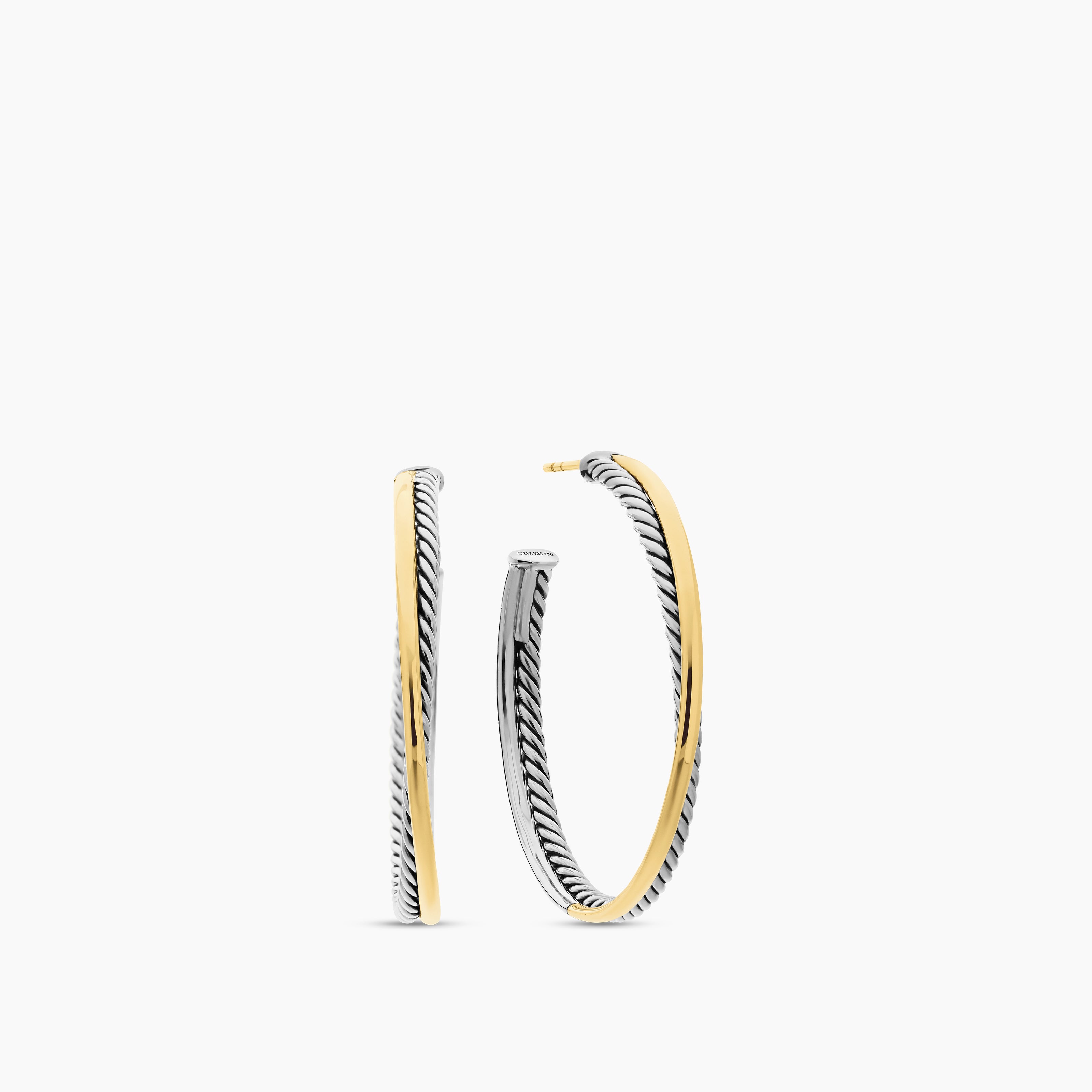 Womens Crossover Hoop Earrings in Sterling Silver with 18K Yellow Gold, 44mm