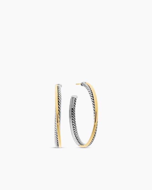 Womens Crossover Hoop Earrings in Sterling Silver with 18K Yellow Gold, 44mm