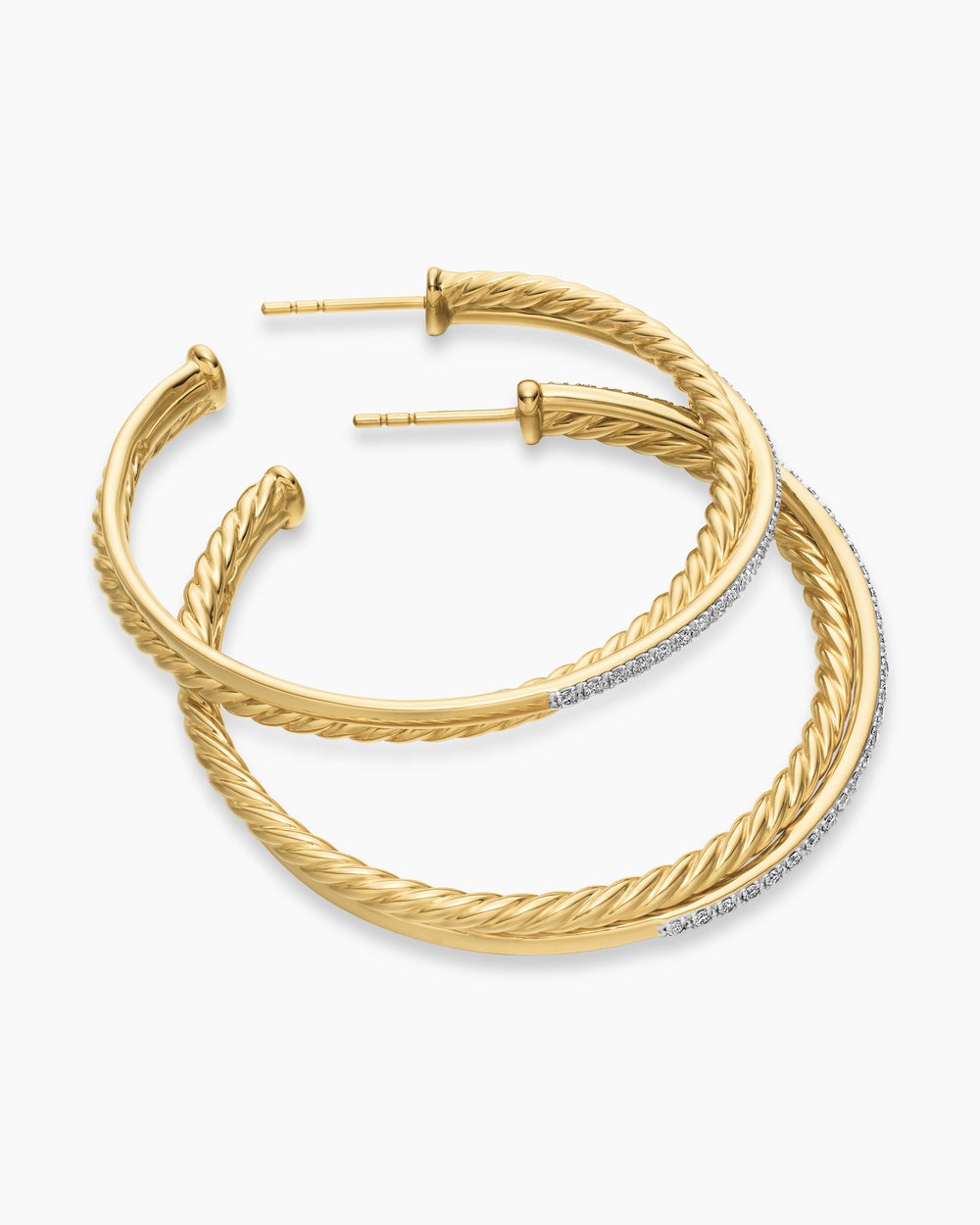 Womens Crossover Hoop Earrings in 18K Yellow Gold with Diamonds, 44mm