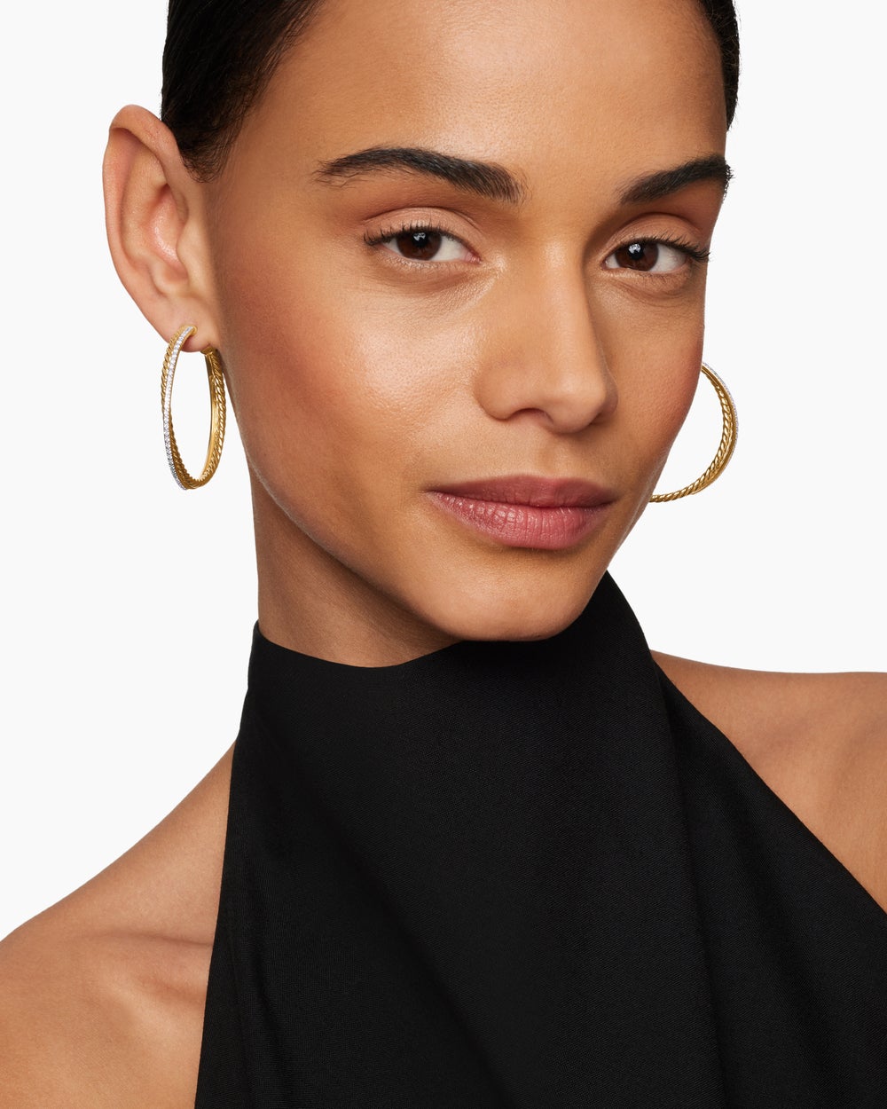 Womens Crossover Hoop Earrings in 18K Yellow Gold with Diamonds, 44mm