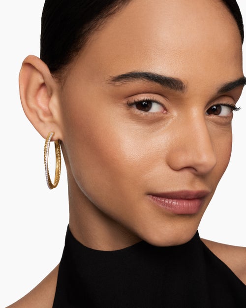 Womens Crossover Hoop Earrings in 18K Yellow Gold with Diamonds, 44mm