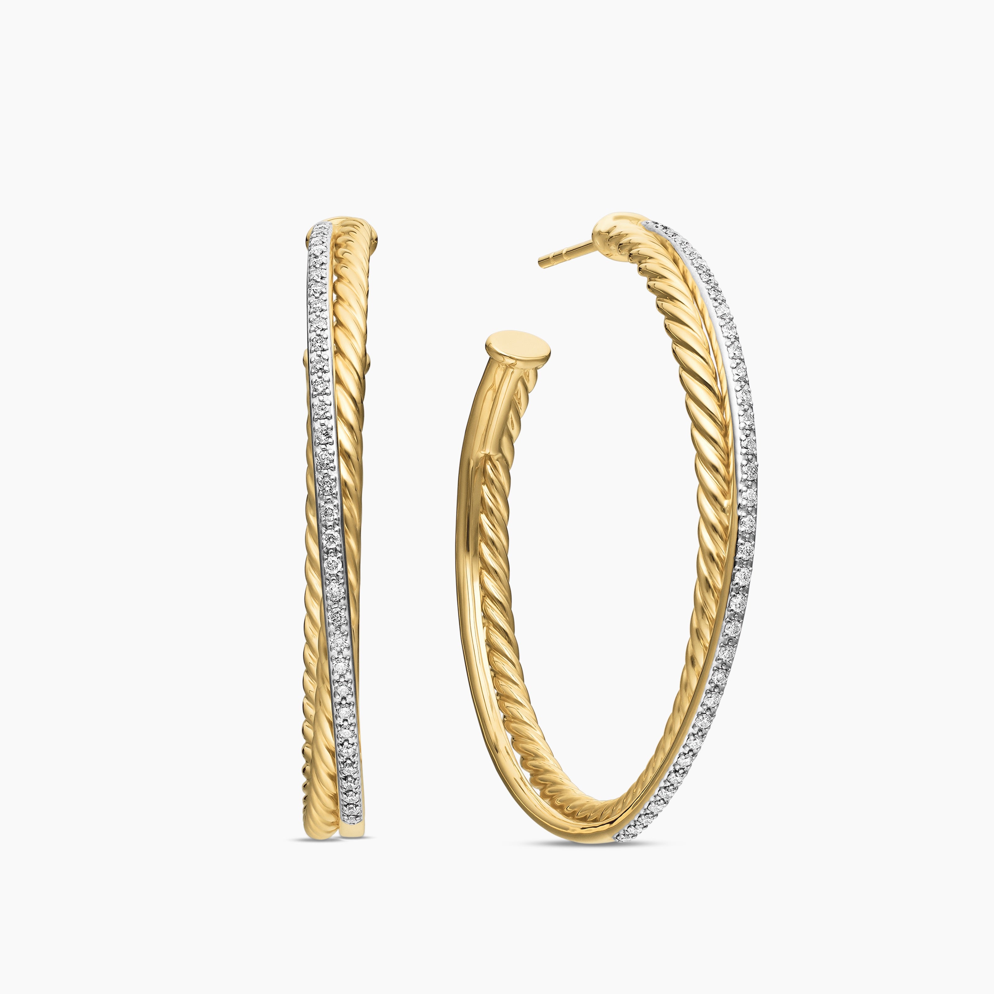 Womens Crossover Hoop Earrings in 18K Yellow Gold with Diamonds, 44mm