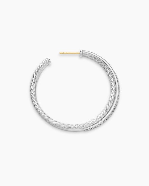 Womens Crossover Hoop Earrings in Sterling Silver with Diamonds, 44mm