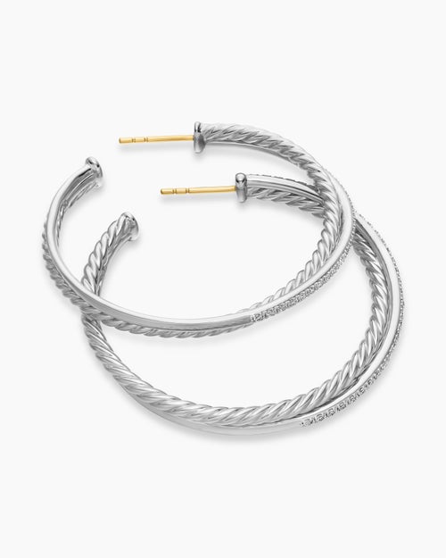 Womens Crossover Hoop Earrings in Sterling Silver with Diamonds, 44mm