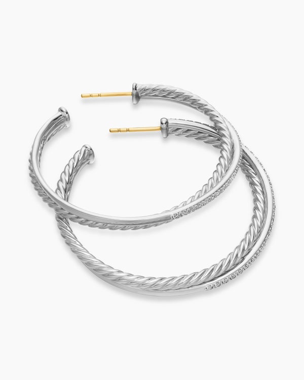 Crossover Hoop Earrings in Sterling Silver with Diamonds, 44mm