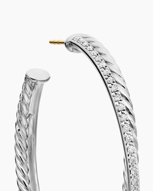 Womens Crossover Hoop Earrings in Sterling Silver with Diamonds, 44mm
