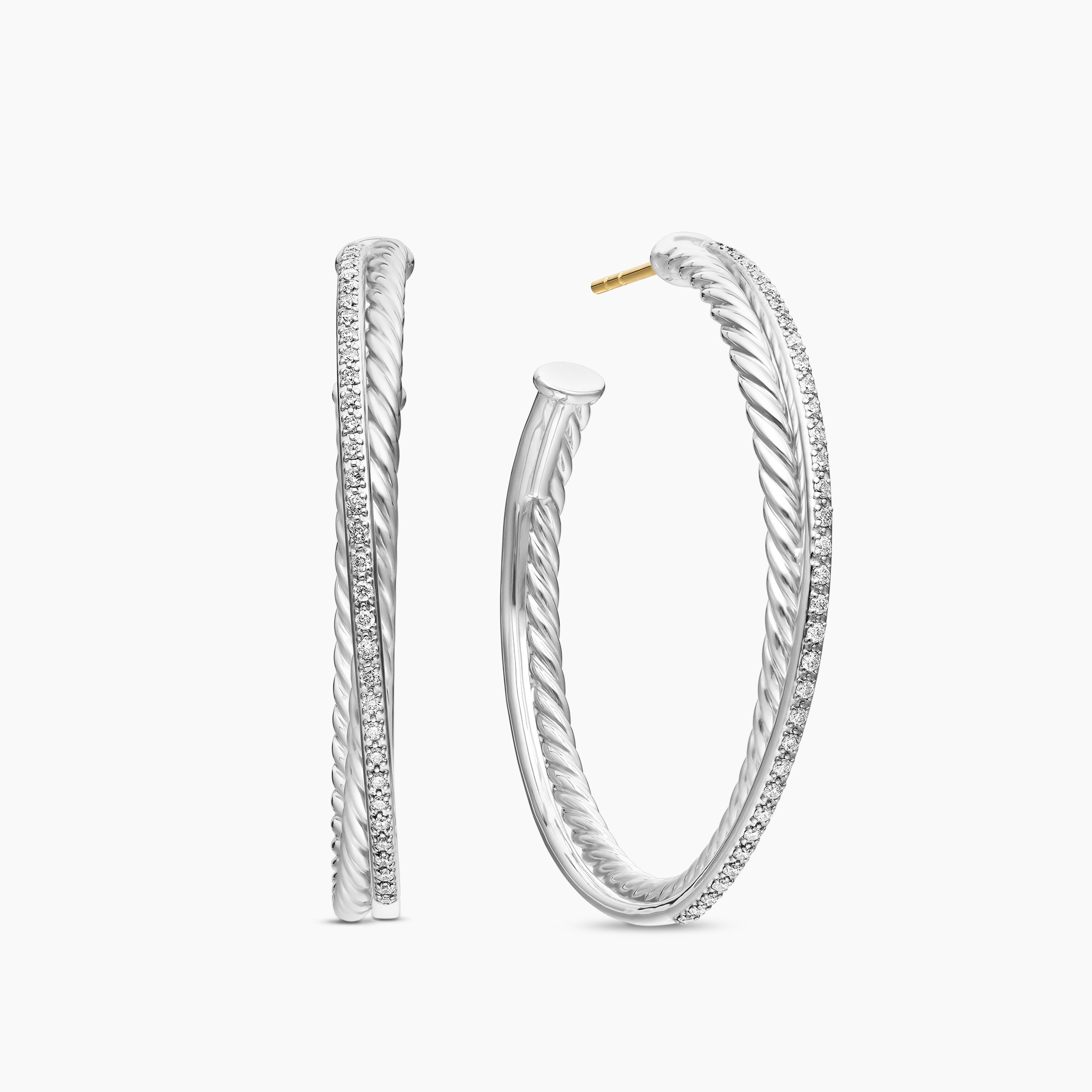 Womens Crossover Hoop Earrings in Sterling Silver with Diamonds, 44mm