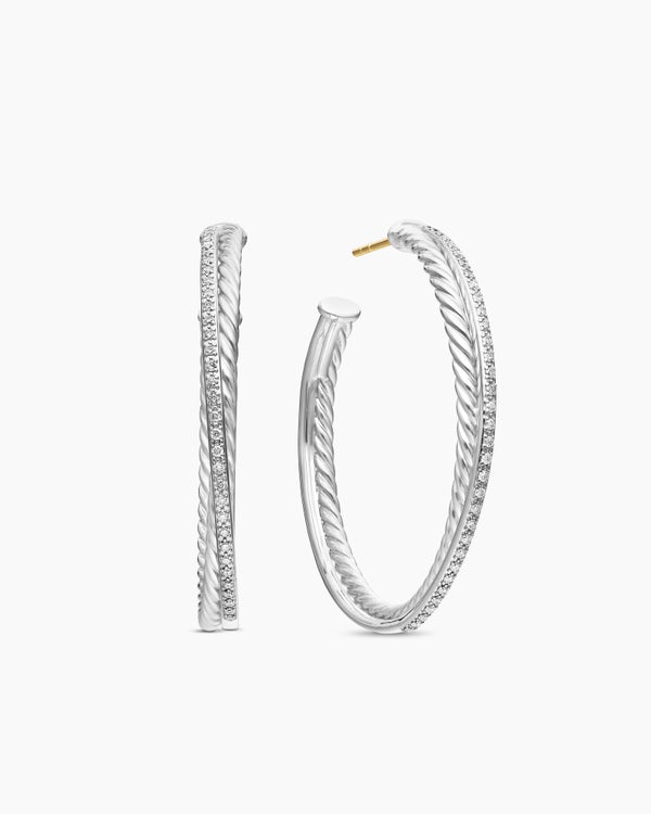 Crossover Hoop Earrings in Sterling Silver with Diamonds, 44mm