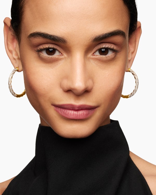 Cable Edge® Hoop Earrings in 18K Yellow Gold with Diamonds, 1.5in