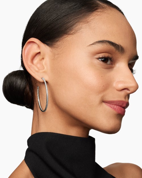 Womens Pavé Hoop Earrings in Sterling Silver with Diamonds, 50.3mm