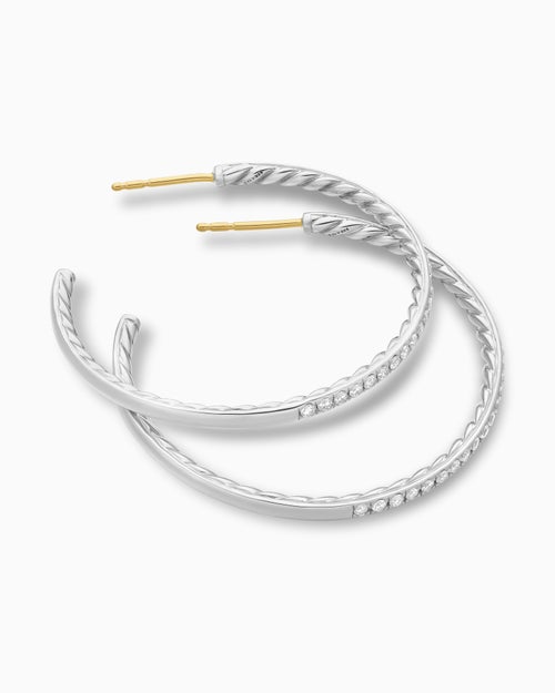 Womens Pavé Hoop Earrings in Sterling Silver with Diamonds, 38mm