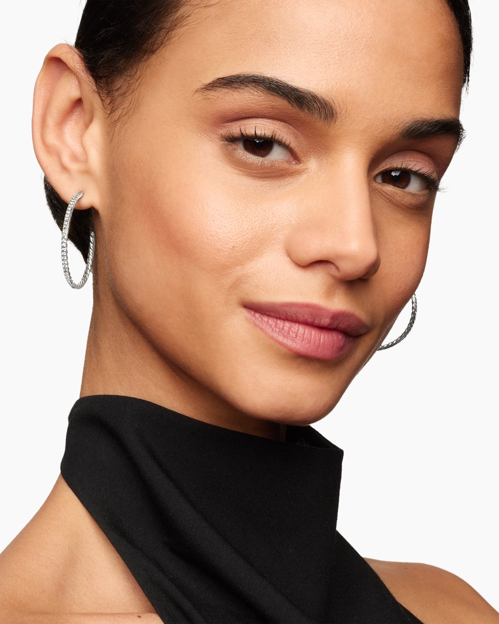 Womens Pavé Hoop Earrings in Sterling Silver with Diamonds, 38mm