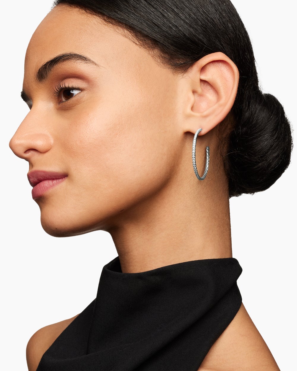 Womens Pavé Hoop Earrings in Sterling Silver with Diamonds, 38mm