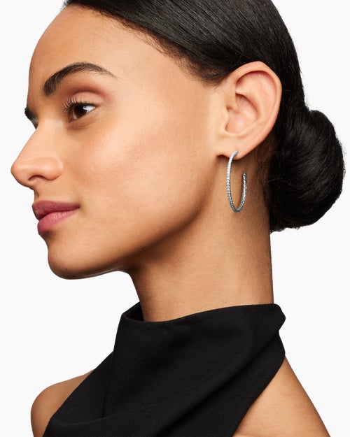 Womens Pavé Hoop Earrings in Sterling Silver with Diamonds, 38mm