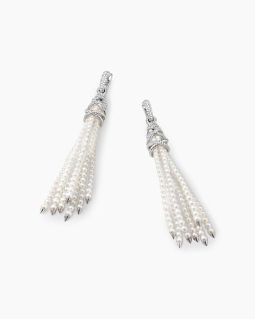 Helena Tassel Earrings in 18K White Gold with Pearls and Diamonds, 18mm