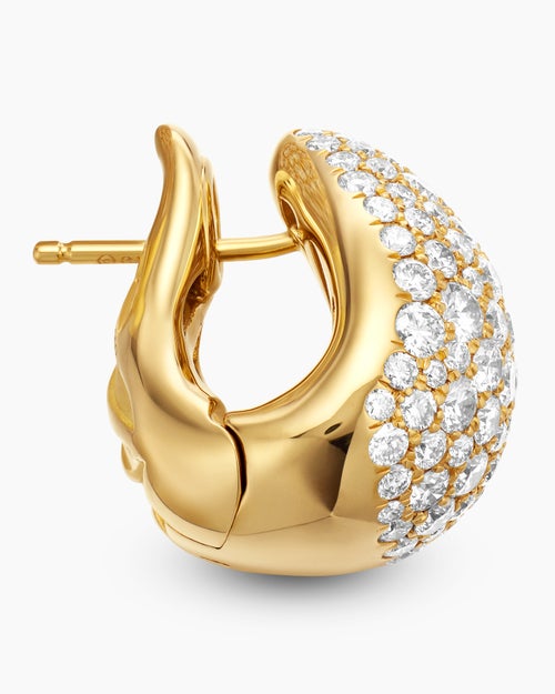 Womens Pear Huggie Hoop Earrings in 18K Yellow Gold with Diamonds, 16mm