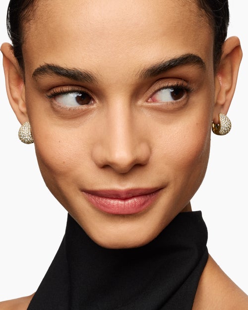 Womens Pear Huggie Hoop Earrings in 18K Yellow Gold with Diamonds, 16mm