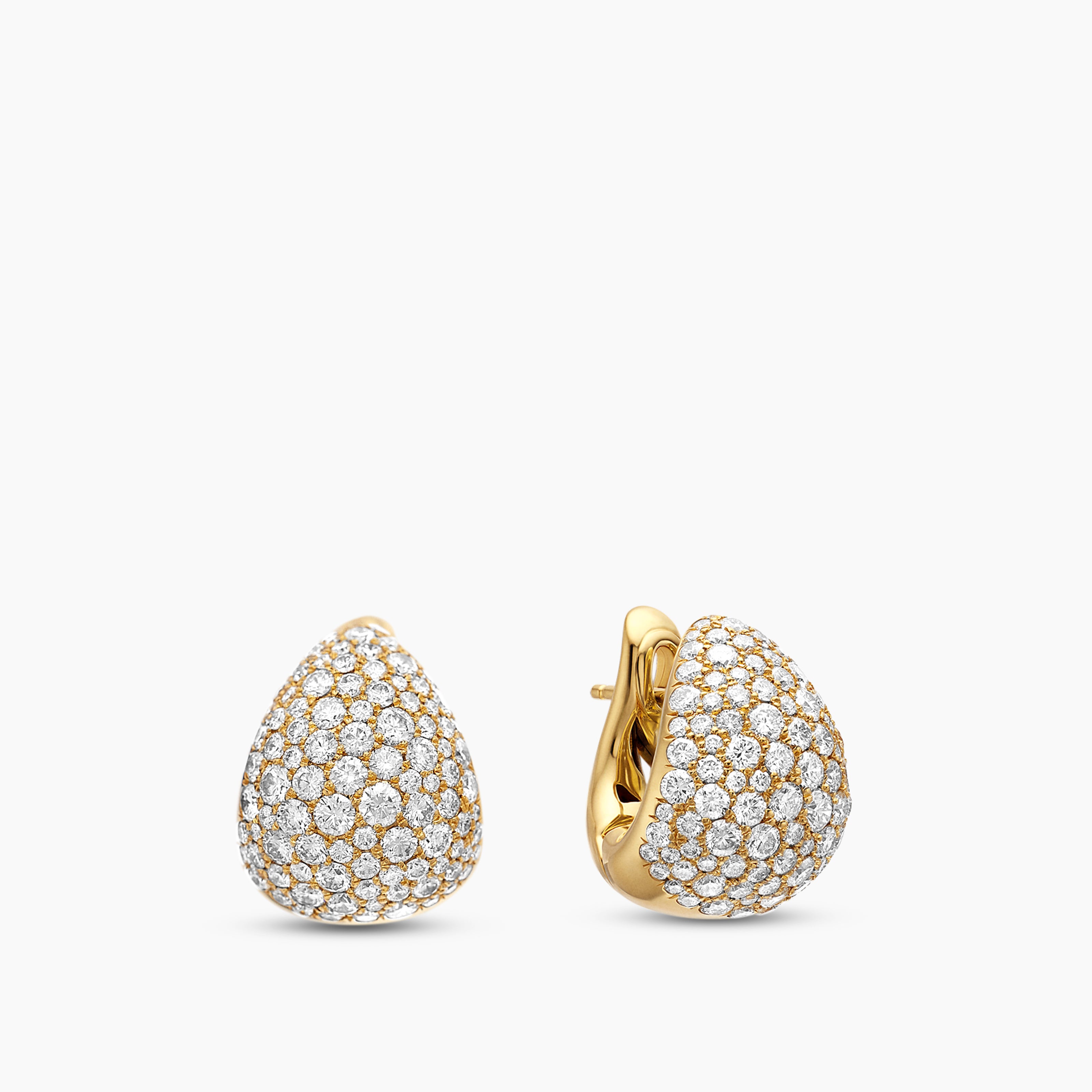 Womens Pear Huggie Hoop Earrings in 18K Yellow Gold with Diamonds, 16mm