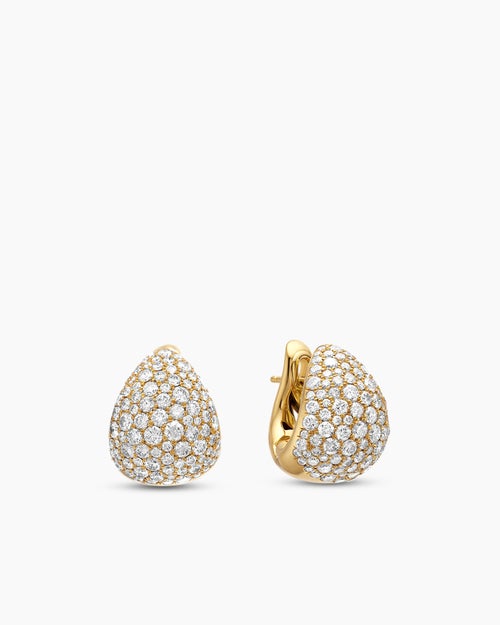 Womens Pear Huggie Hoop Earrings in 18K Yellow Gold with Diamonds, 16mm