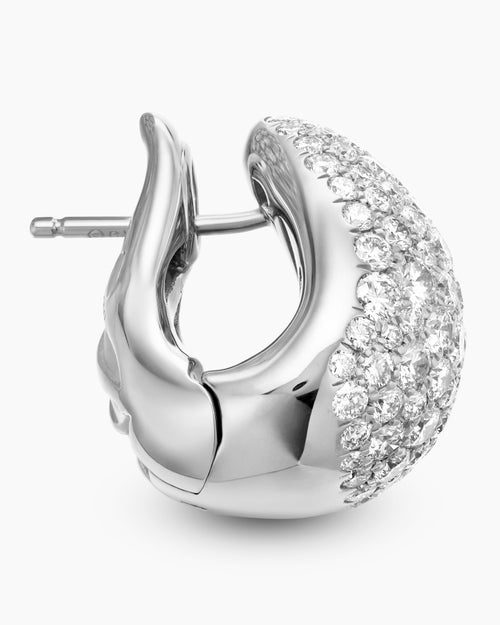 Womens Pear Huggie Hoop Earrings in 18K White Gold with Diamonds, 16mm