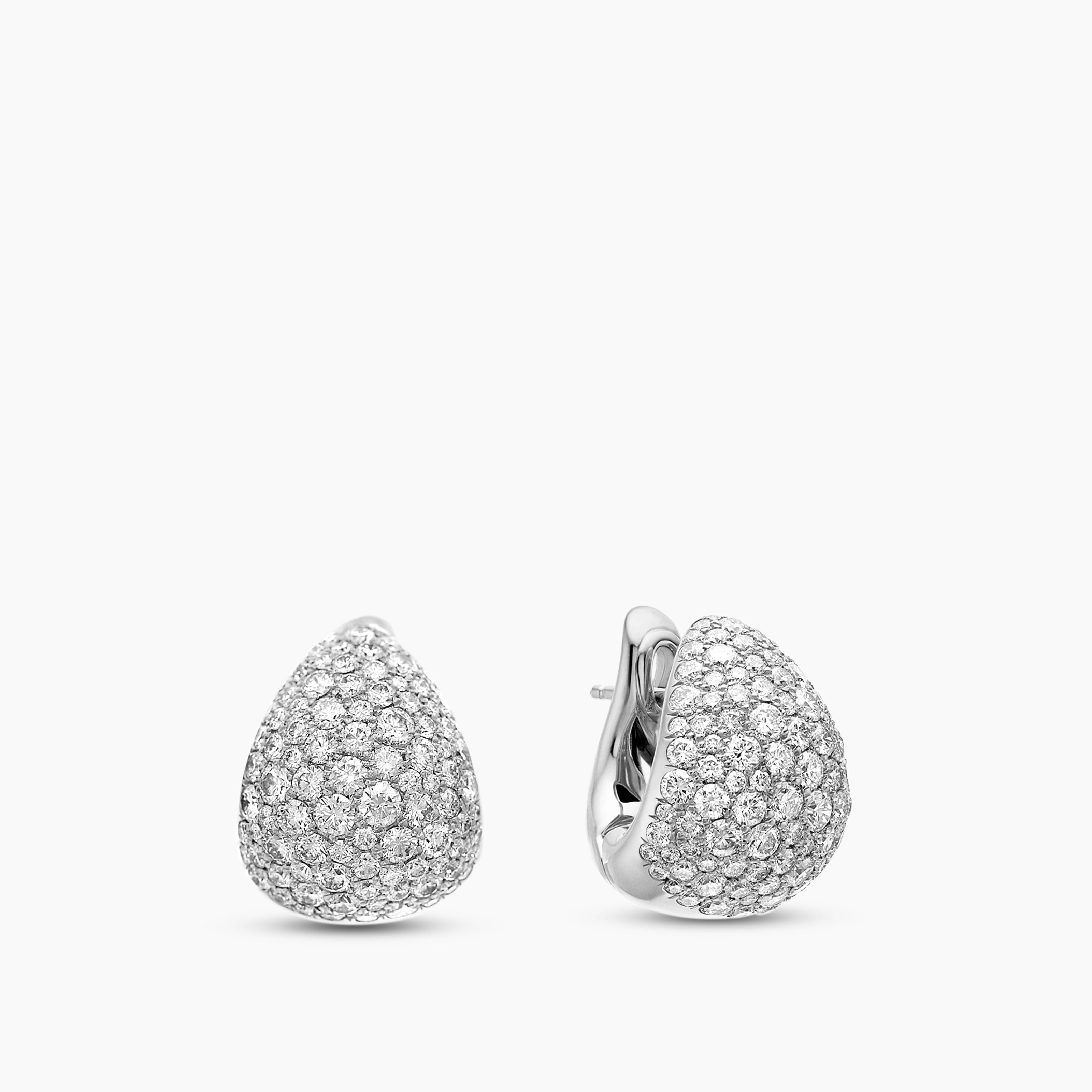 Womens Pear Huggie Hoop Earrings in 18K White Gold with Diamonds, 16mm