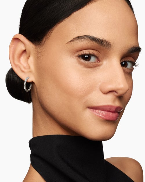 Womens Pavé Hoop Earrings in Sterling Silver with Diamonds, 19mm