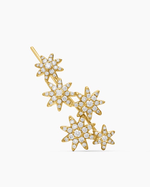 Womens Starburst Climber Earrings in 18K Yellow Gold with Diamonds, 23mm