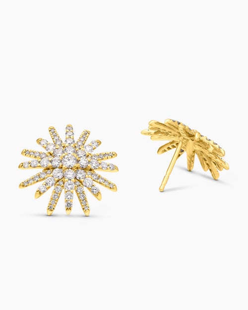 Womens Starburst Stud Earrings in 18K Yellow Gold with Diamonds, 19mm