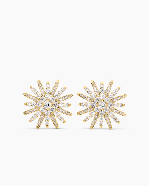 Womens Starburst Stud Earrings in 18K Yellow Gold with Diamonds, 19mm