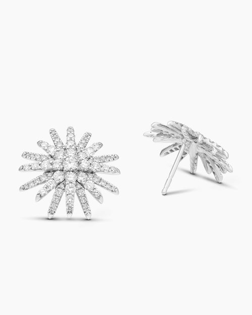 Womens Starburst Stud Earrings in 18K White Gold with Diamonds, 19mm