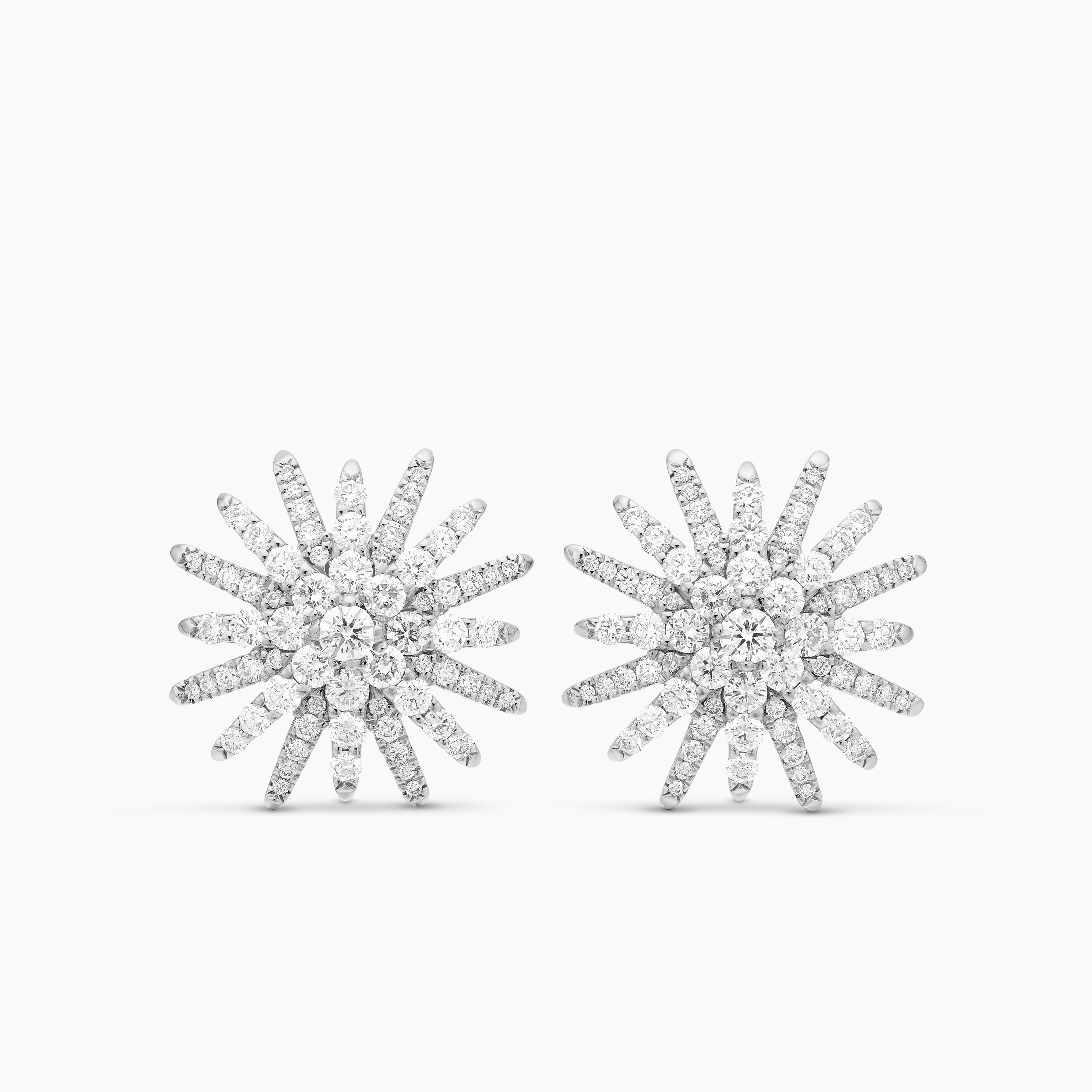 Womens Starburst Stud Earrings in 18K White Gold with Diamonds, 19mm