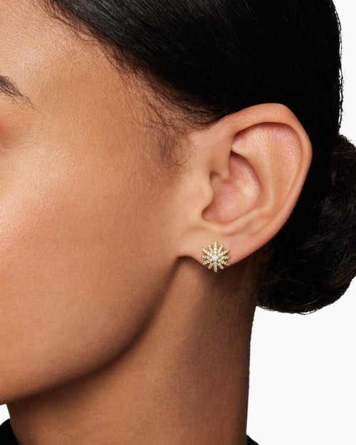 Womens Starburst Stud Earrings in 18K Yellow Gold with Diamonds, 11.7mm