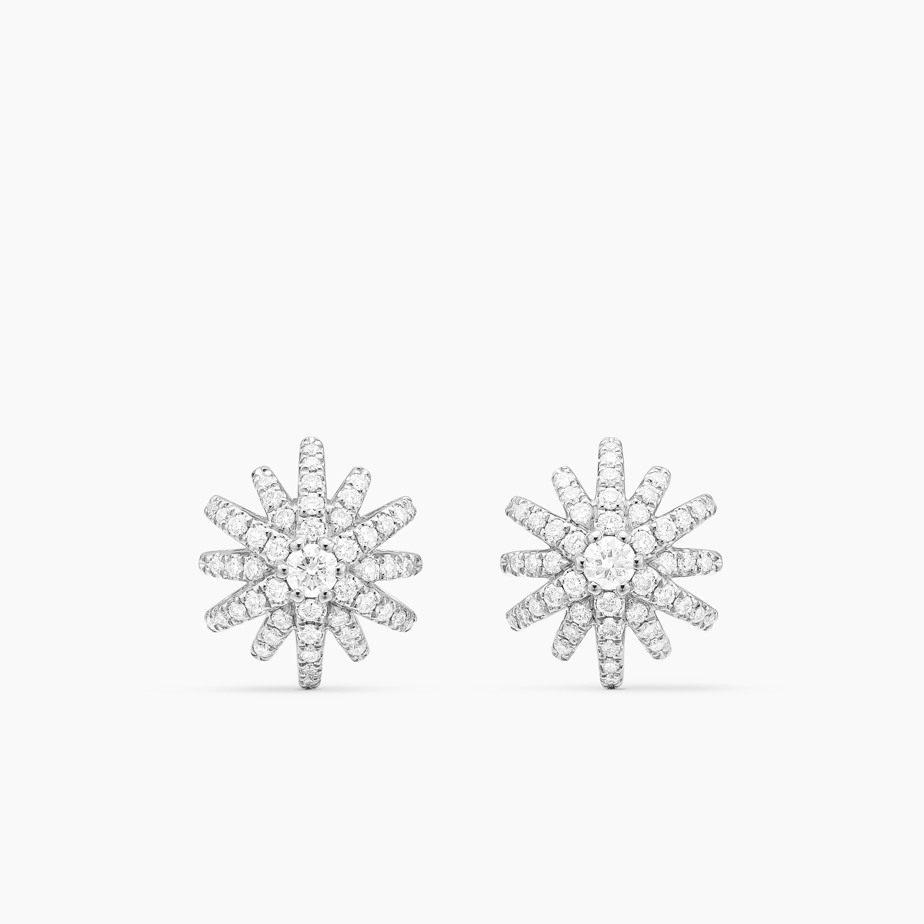 Womens Starburst Stud Earrings in 18K White Gold with Diamonds, 11.7mm