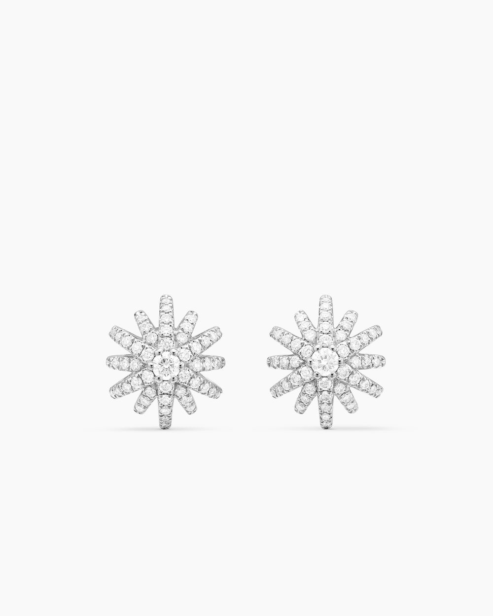 Womens Starburst Stud Earrings in 18K White Gold with Diamonds, 11.7mm